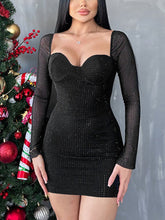 Long Sleeve Mesh Rhinestone Dress